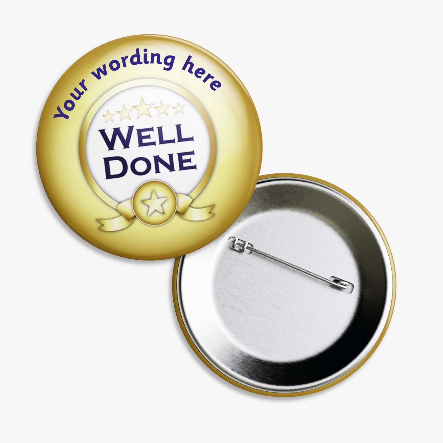Set of ten 50mm round personalised badges featuring a gold background with the phrase 'Well Done' in bold purple text, surrounded by five stars; includes customisable text above and below the central design, equipped with safety pin fastenings—ideal for recognising pupil achievements