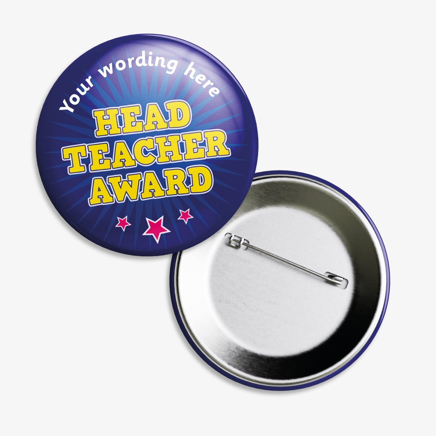 Ten 38mm round badges with a deep blue background, featuring the phrase "HEAD TEACHER AWARD" in bold yellow capital letters at the centre, accented by three red stars beneath; customisable white text areas are positioned above and below the central design, and the badge includes a safety pin backing.