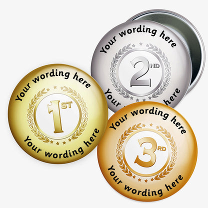 Three circular awards in gold, silver, and bronze with placeholder text for personalization on a white background.