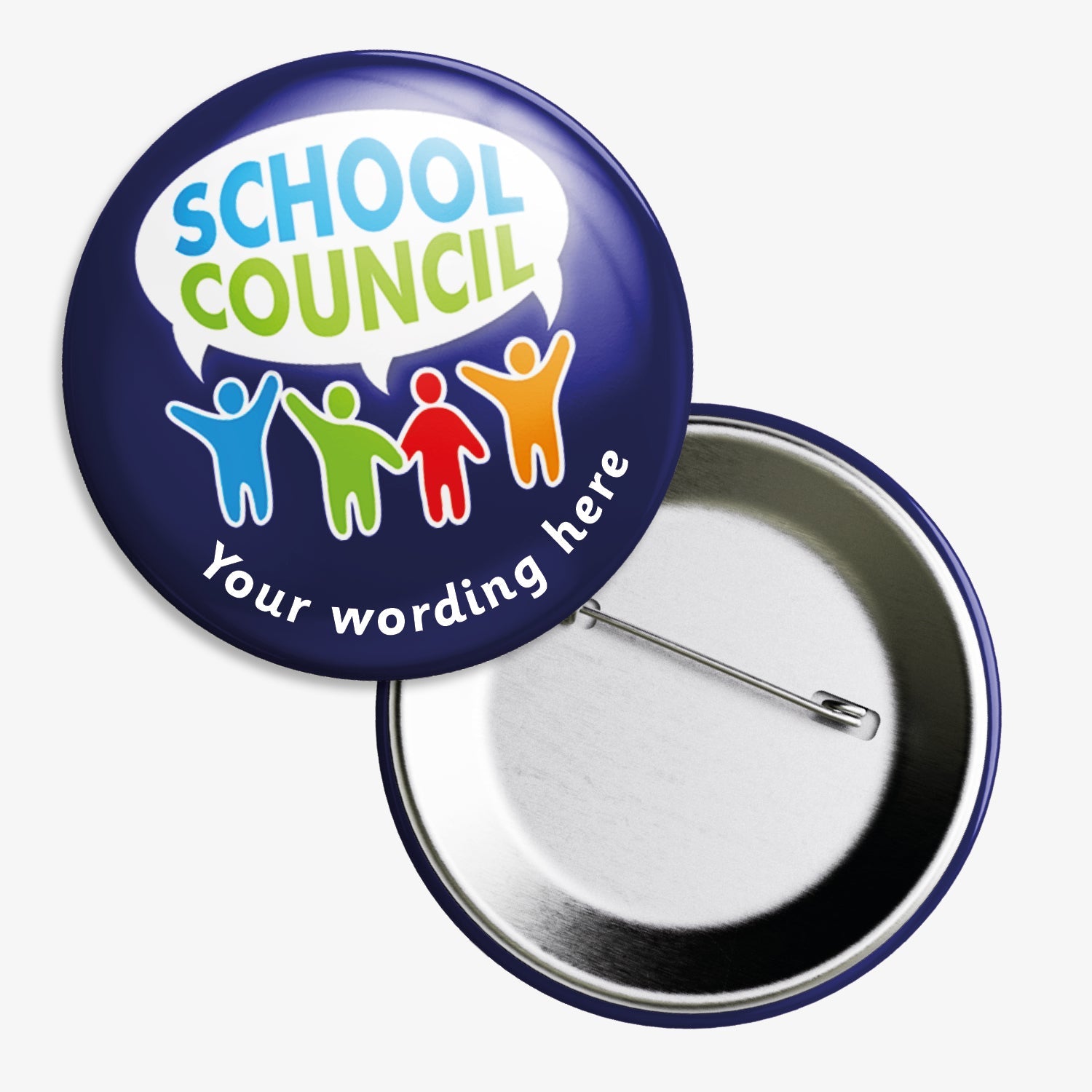 Set of ten 38mm round dark blue badges with 4 colourful people shapes saying SCHOOL COUNCIL in a speech bubble.  These personalised badges include space for customisable text below the characters, equipped with safety pin fastenings.