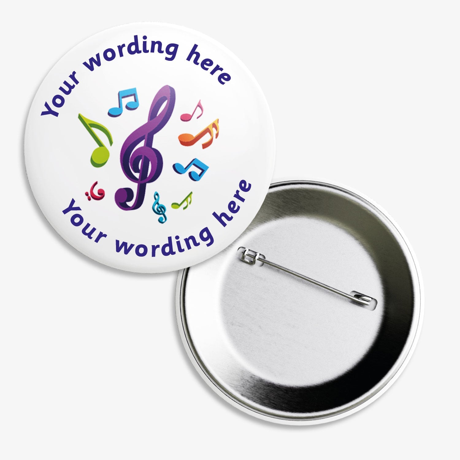 Set of ten 50mm round personalised badges featuring a central musical note icons on a white background, with customisable text above and below the icon; equipped with safety pin fastenings, ideal for recognising pupils' musical achievements or participation.