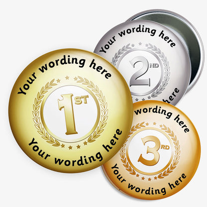 Gold, silver, and bronze medals with customizable text on a white background