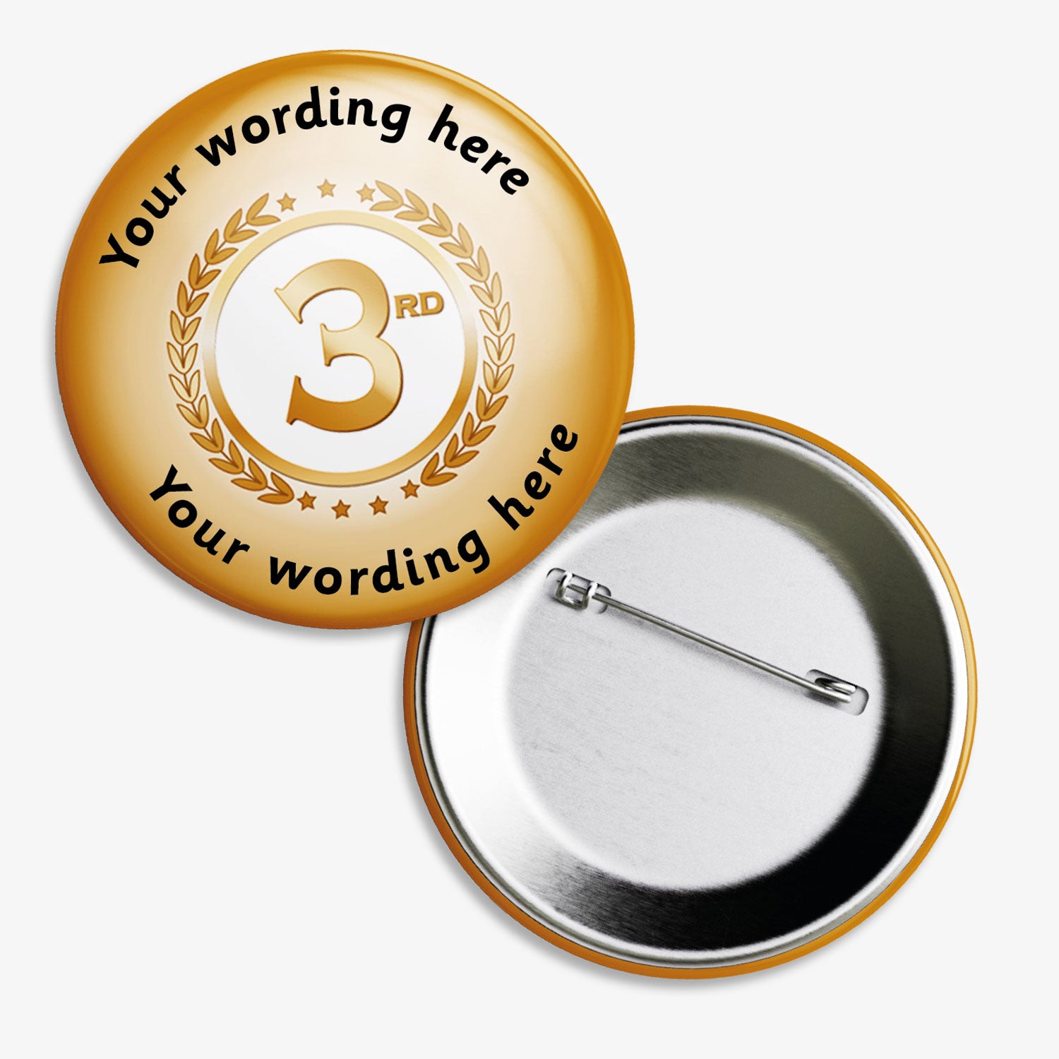Set of ten 38mm round personalised badges featuring a bronze background with a bronze number '3rd' in bold on white background, surrounded by a laurel wreath; includes customisable text above and below the central design, equipped with safety pin fastenings—ideal for recognising third-place achievements.