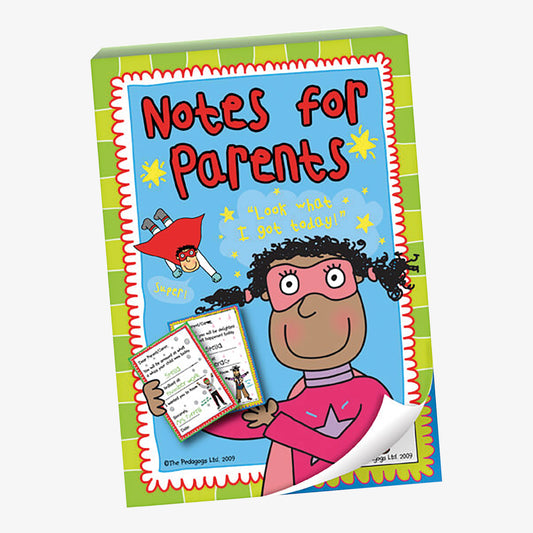 Pad entitled 'Notes for parents' with a superhero children saying 'Look what I got today' against a blue sky background.