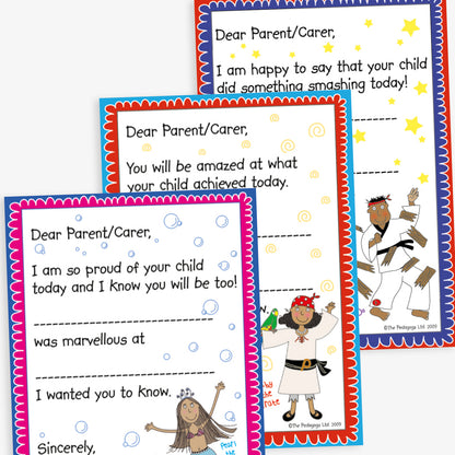 Three notes home from school with colourful borders including a character in the bottom right corner as mermaid, pirate and karate kid.  All start 'Dear Parent/Carer' and then start with different sentences such as 'I am so proud of your child today and I know you will be too! [Blank] was marvellous at [Blank] I wanted you to know.'