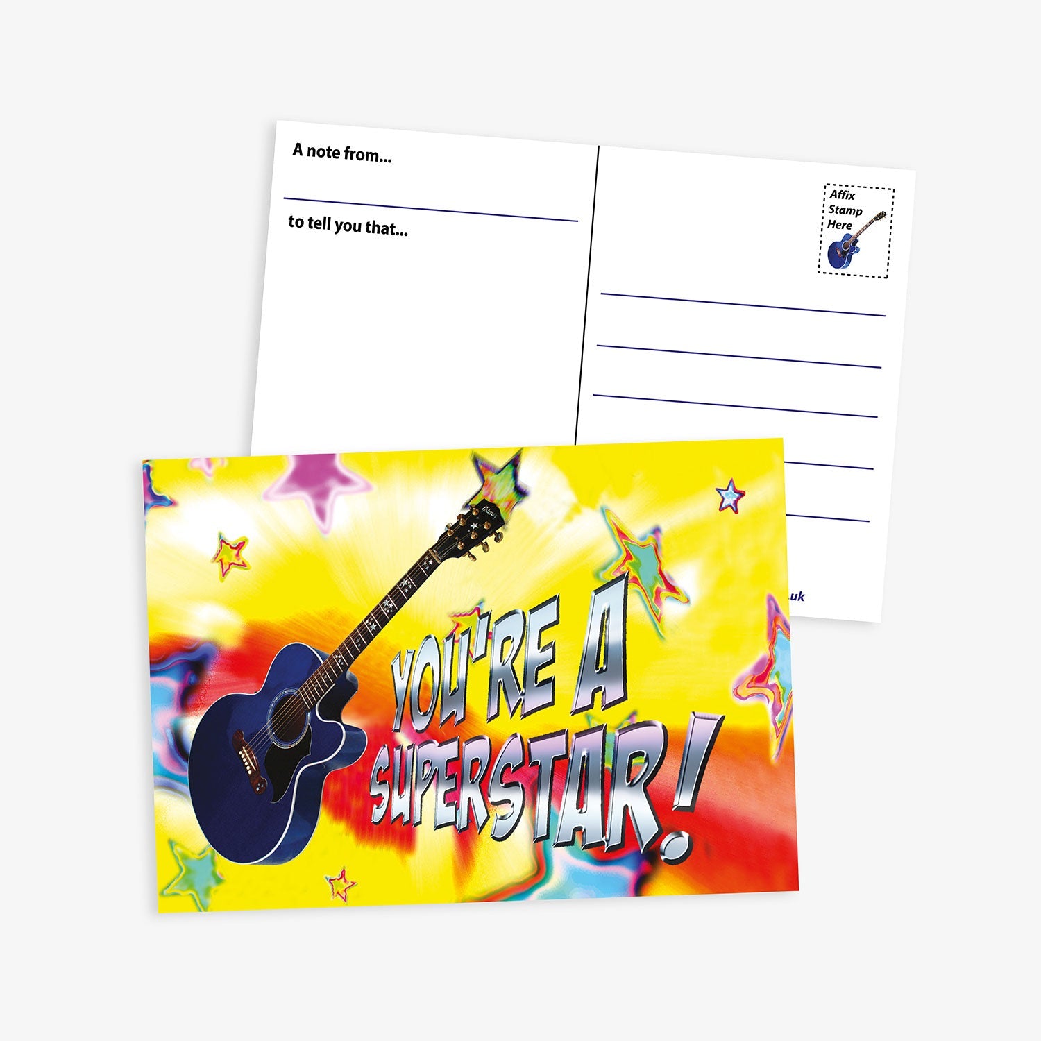 Front and back of a vibrant postcard with a colourful starburst background, featuring a blue guitar and the bold message 'You're a Superstar!' The reverse includes lines for writing and prompts that read 'A note from…' and 'to tell you that…'