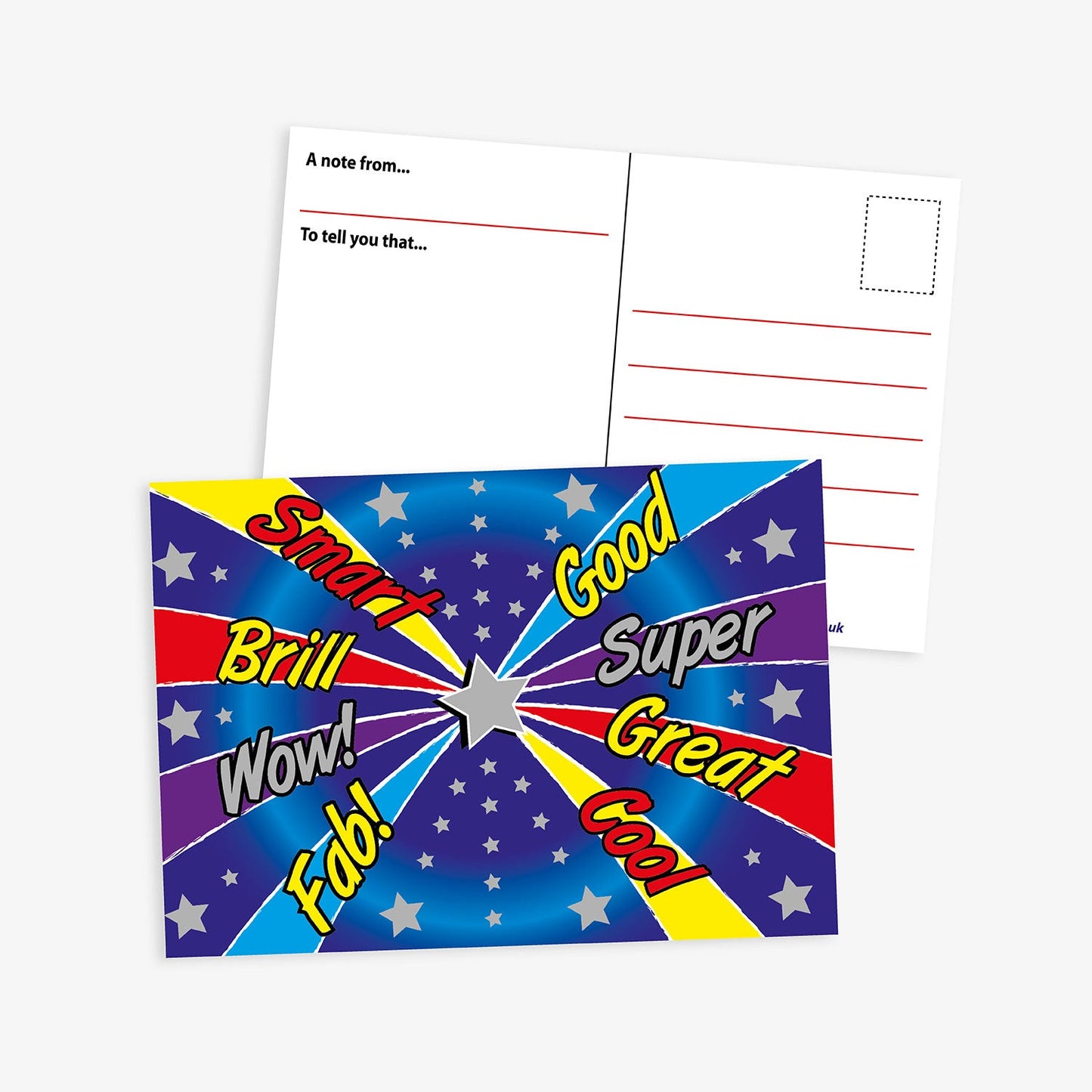 A vibrant, metallic effect postcard with a starburst design radiating from a silver star at the centre. The background is blue with scattered stars, and each burst is filled with positive words in bright colours including: 'Smart', 'Brill', 'Wow!', 'Fab!', 'Good', 'Super', 'Great', and 'Cool'. The reverse side has space for a message with the prompts 'A note from…' and 'To tell you that…', along with address lines and a stamp box