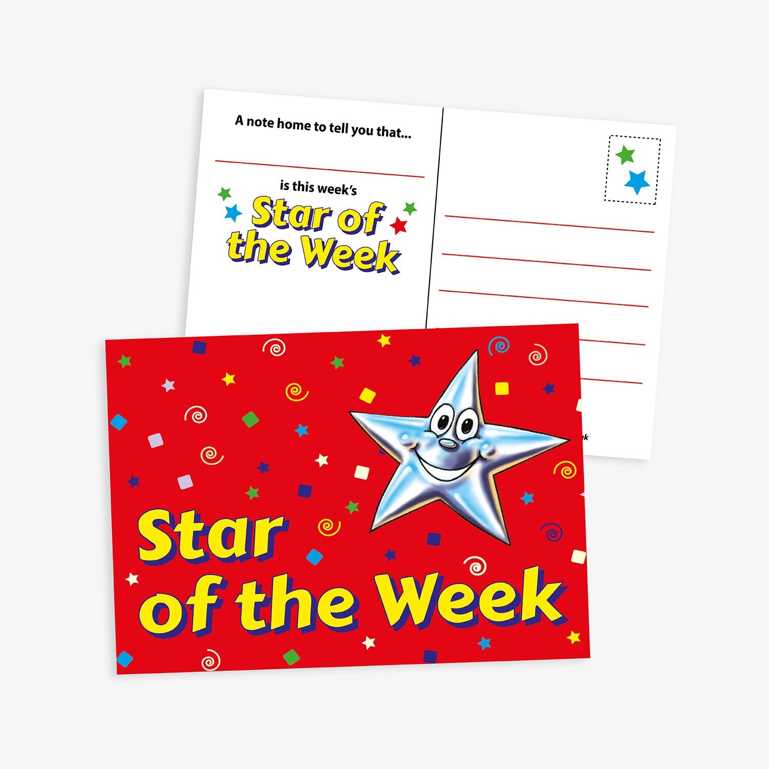 Front and back of a bright red 'Star of the Week' postcard featuring a smiling silver star character with colourful confetti decorations. The reverse includes a message prompt that reads 'A note home to tell you that... is this week's Star of the Week' and space for writing and a stamp.