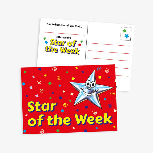Front and back of a bright red 'Star of the Week' postcard featuring a smiling silver star character with colourful confetti decorations. The reverse includes a message prompt that reads 'A note home to tell you that... is this week's Star of the Week' and space for writing and a stamp.