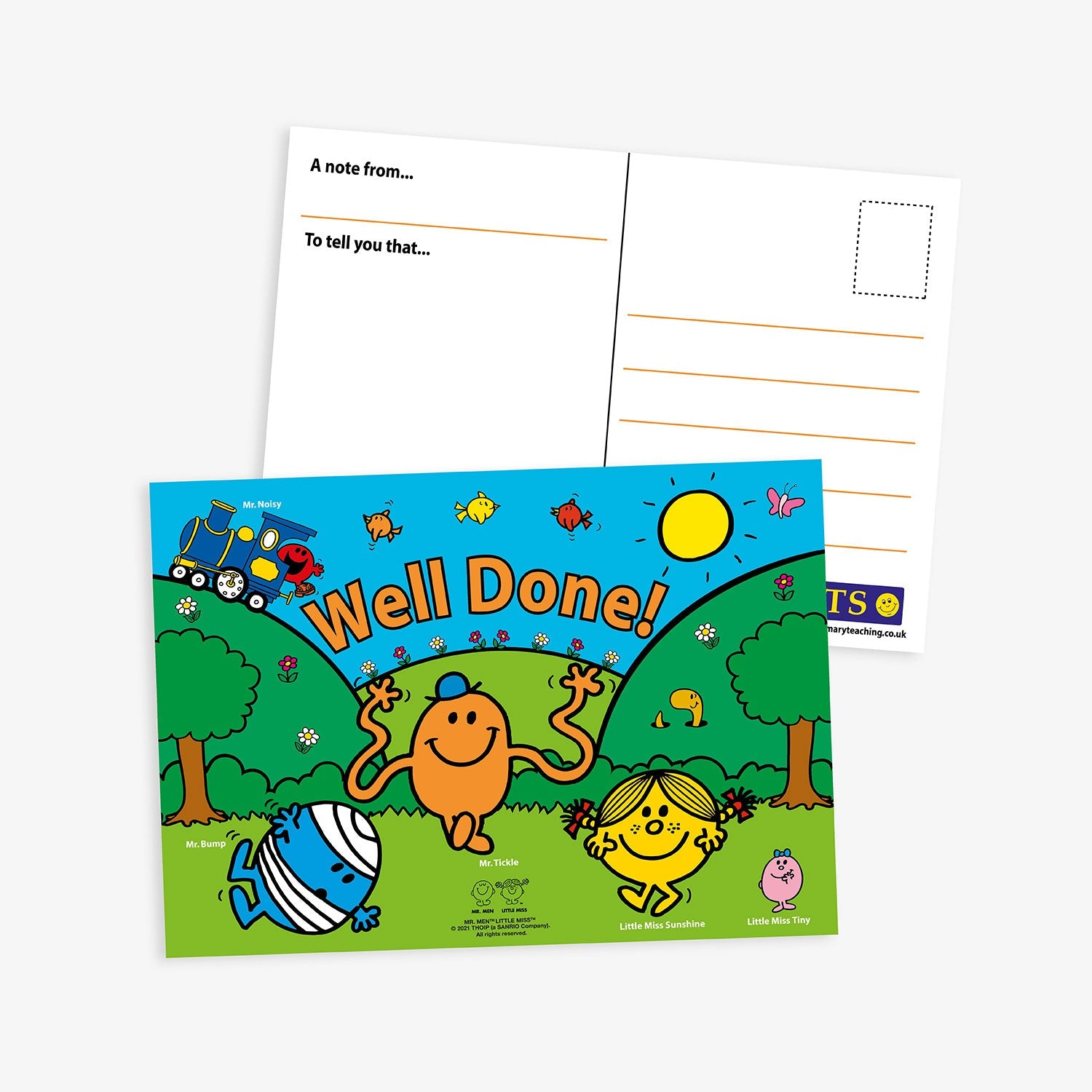 Postcard featuring characters from Mr. Men and Little Miss in a park scene. The central message 'Well Done!' is displayed in red bubble letters across a blue sky. The front shows Mr. Tickle, Little Miss Sunshine and Mr. Bump dancing on the grass, with trees and a toy train in the background. The reverse side has prompts 'A note from…' and 'To tell you that…', space for writing a message, and lines for the recipient’s address along with a stamp box.