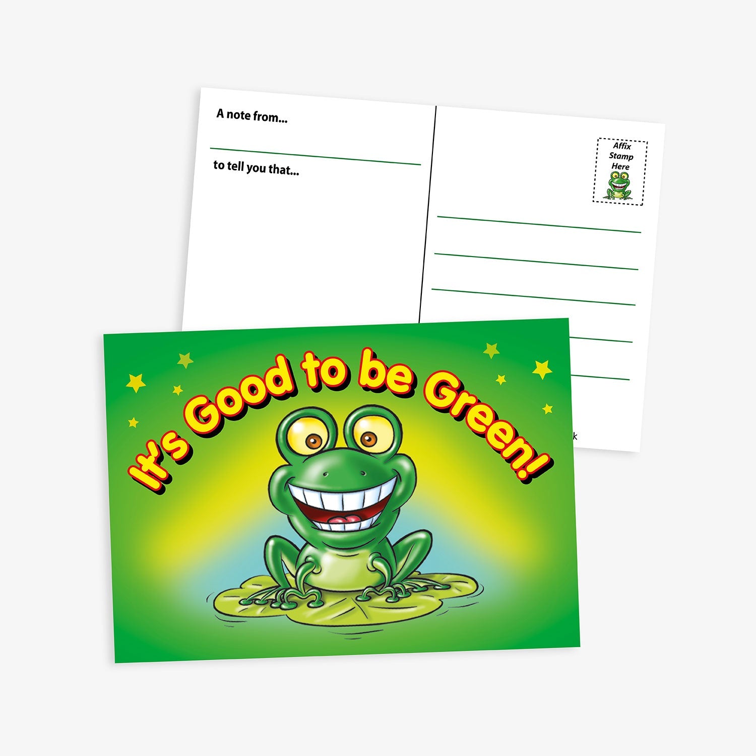 A set of 20 postcards, each featuring a green background with a cheerful green frog illustration with wide eyes and a big smile, sitting on a lily pad.  The phrase 'It's Good to be Green!' in bold gold lettering is above the frog; the reverse side includes address areas and text saying 'A note from.....' with a space followed by 'to tell you that...' and space to handwrite reason for award.