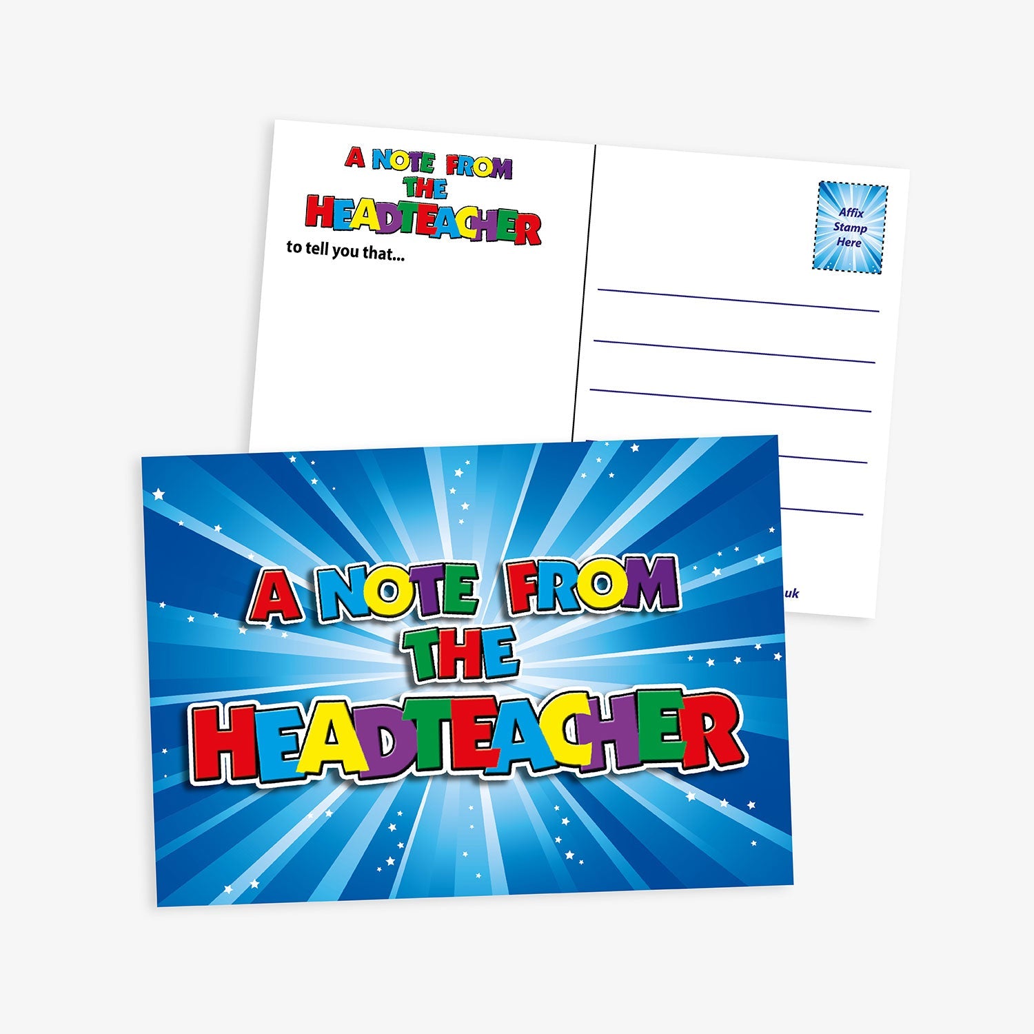 Front and back of a colourful A6 postcard titled 'A Note from the Headteacher' in bold, rainbow-coloured text with a blue starburst background; reverse side includes space for a message and address