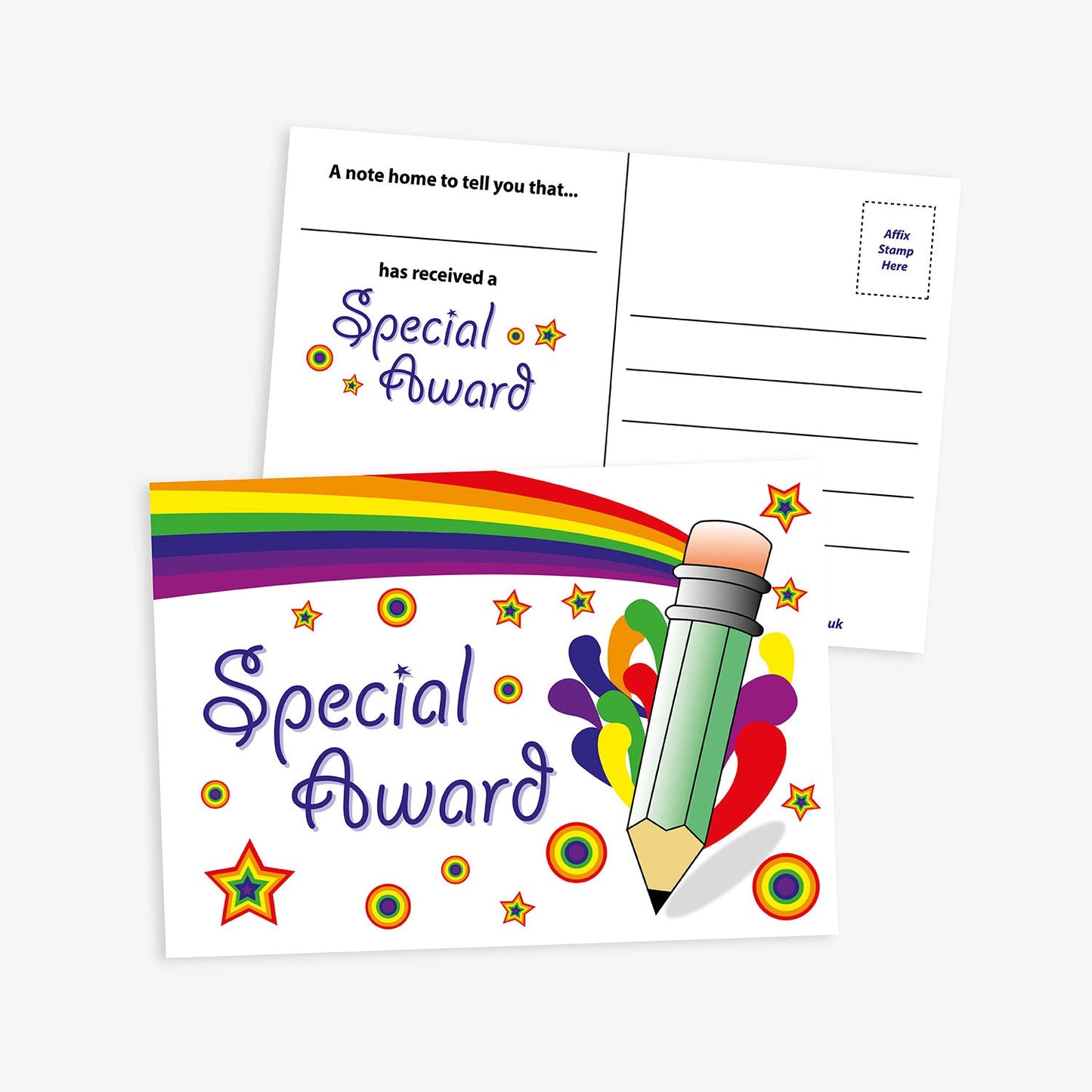 A  bright and cheerful 'Special Award' postcard with a white background. The top features a colourful rainbow ribbon flowing across the page. To the right is a large blue cartoon pencil surrounded by multicoloured paint splashes and stars. The reverse side has space for a message with the prompts 'A note home to tell you that…' with a space for a name, 'has received a' with a logo saying 'Spacial Award' along with address lines and a stamp box