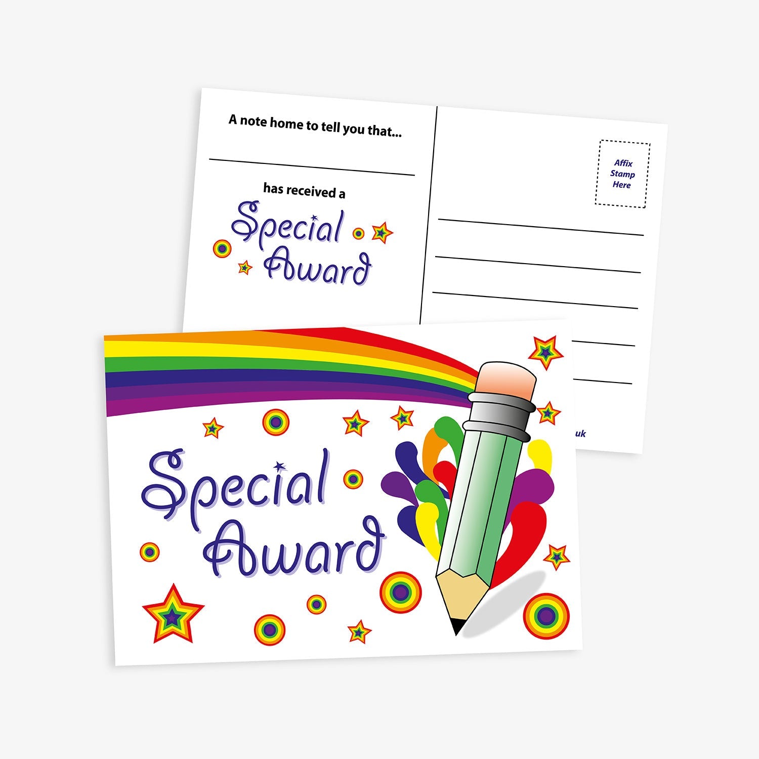 A  bright and cheerful 'Special Award' postcard with a white background. The top features a colourful rainbow ribbon flowing across the page. To the right is a large blue cartoon pencil surrounded by multicoloured paint splashes and stars. The reverse side has space for a message with the prompts 'A note home to tell you that…' with a space for a name, 'has received a' with a logo saying 'Spacial Award' along with address lines and a stamp box