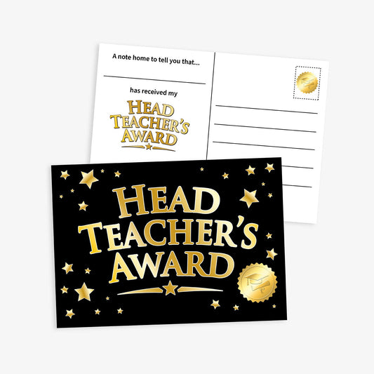 A black postcard with a central 'Head Teacher's Award' in bold gold text surrounded by gold stars and a gold seal in the bottom right corner.  The reverse has 'A note home to tell you that…..' with space for a name 'has received my' then an embossed stamp saying 'Head Teacher's Award' in bold gold text and address details.