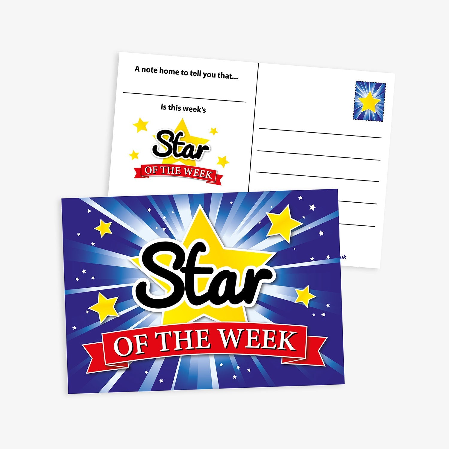 Front and back of a 'Star of the Week' postcard featuring a bold yellow star with radiant blue background, smaller stars, and a red ribbon banner. The reverse includes space for writing and reads 'A note home to tell you that... is this week's Star of the Week' with a star stamp box.