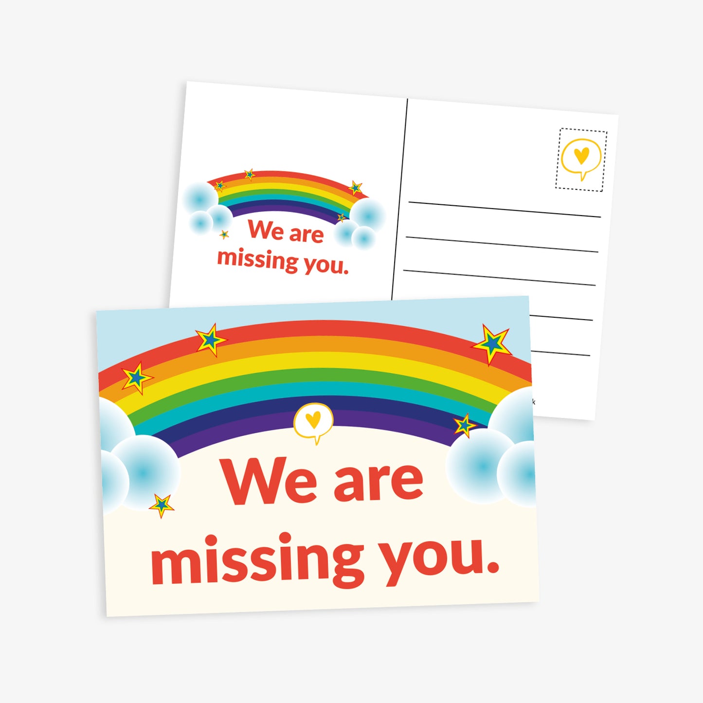 Front and back of a postcard featuring a rainbow with clouds and stars, and the message 'We are missing you.' in bold red text. The reverse includes a smaller version of the design, writing lines, and a heart-shaped stamp icon.
