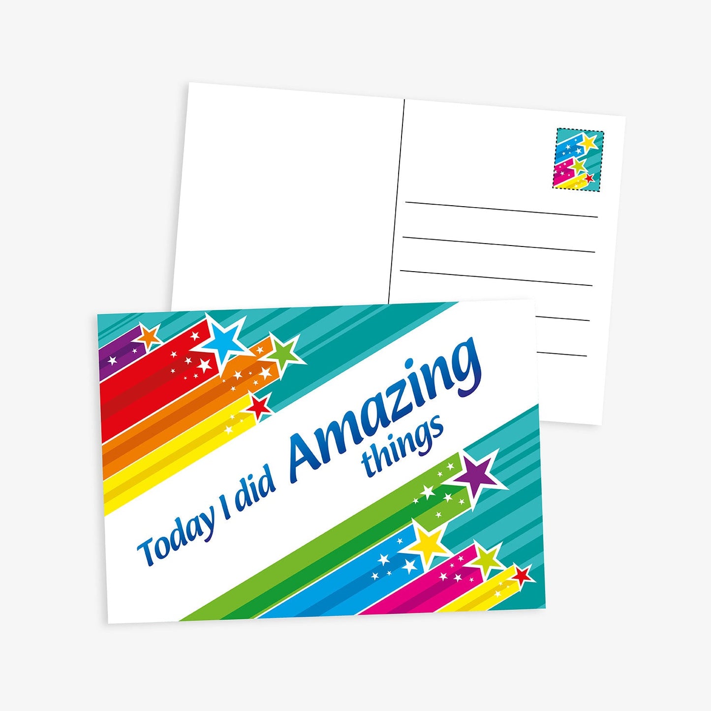 Front and back of a colourful postcard with rainbow stripes and stars, displaying the message 'Today I did Amazing things'. The reverse features standard postcard lines and a matching rainbow star stamp design.