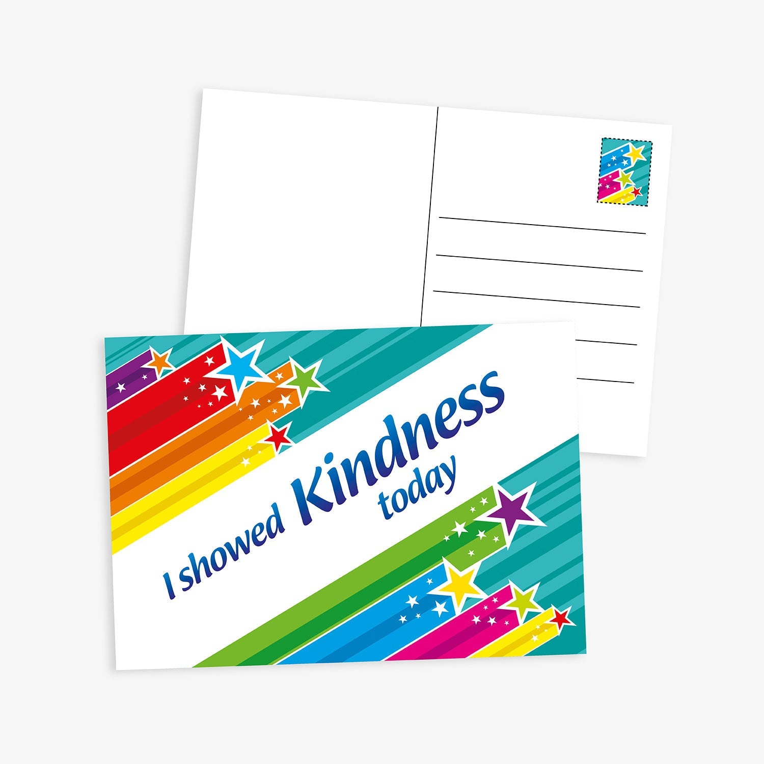 A colourful postcard-style recognition card with the message 'I showed Kindness today' written diagonally across a white background. The card features rainbow-coloured diagonal stripes with star decorations. The reverse side includes lines for writing a message and address, along with a small, colourful postage stamp illustration in the top-right corner.