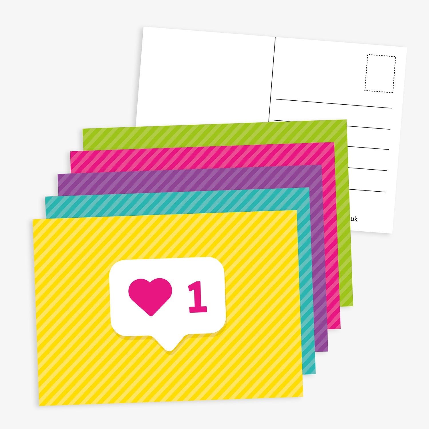 A set of colourful postcards with diagonal stripes in yellow, pink, purple, blue, and green. Each card features a white social media-style notification bubble in the centre displaying a pink heart icon and the number '1'. The reverse side of the postcards has standard postcard formatting with space for a message, address lines, and a stamp box.
