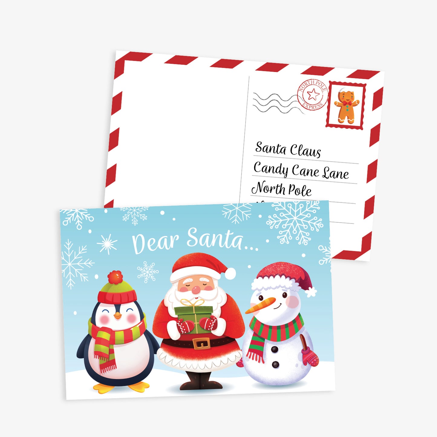 Christmas postcard featurin a blue sky with snowflakes falling onto a snow covered floor with Father Christmas holding a gift, stood between a penguin and a snowman. The title on the postcard reads 'Dear Santa...'. The reverse of the postcard has a candy cane border and is addressed, complete with postage mark, to 'Santa Claus, Candy Cane Lane, North Poel.'.  Includes space for a message to Father Christmas.