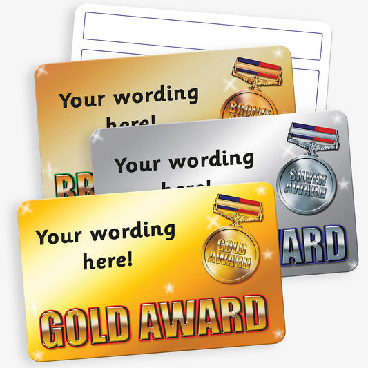Gold, silver, and bronze award cards with customizable text on a white background