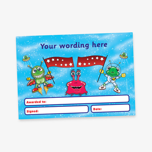 A fun and colourful space-themed certificate with a blue starry background. The top text reads 'Your wording here' in purple. Three cartoon aliens are featured: one flying with rocket boots, one pink alien with wide eyes holding two red flags with stars, and another in a space suit holding a flag. At the bottom are red and white fields labelled 'Awarded to:', 'Signed:', and 'Date:'