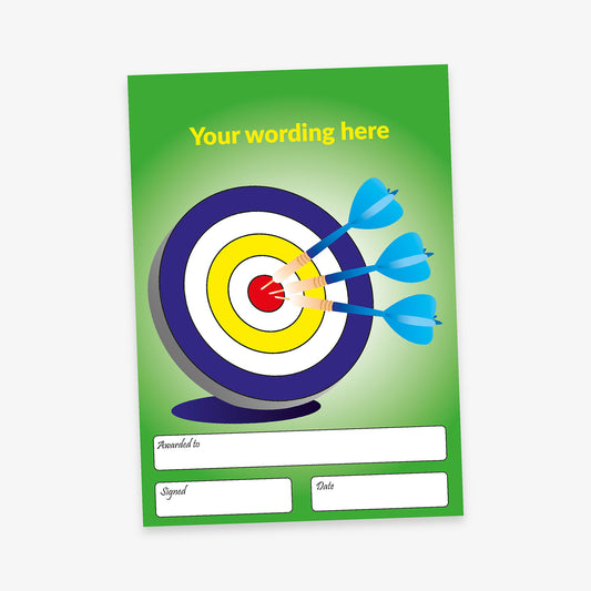 Green certificate with a target and three darts hitting the bullseye, featuring space for custom wording, recipient name, signature, and date.