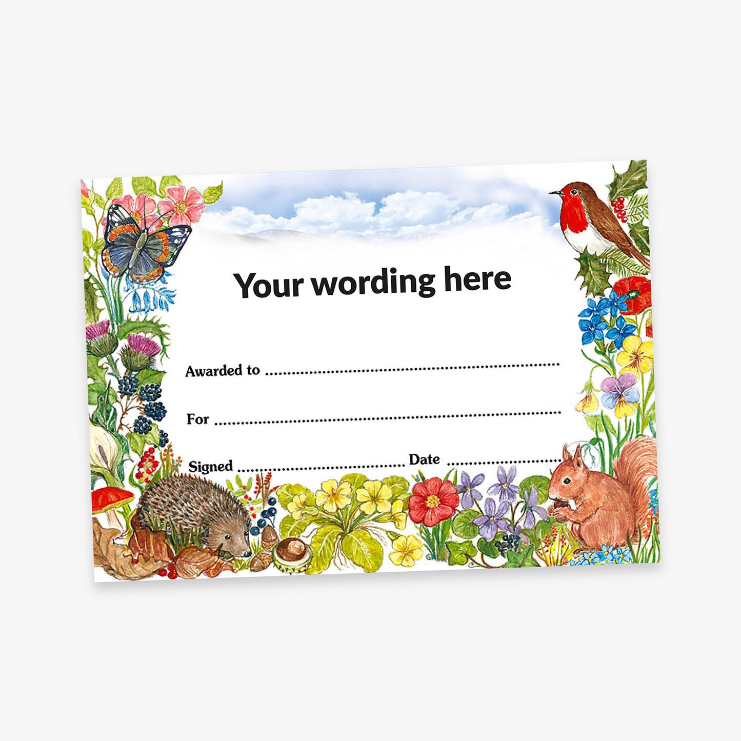 Nature-themed certificate bordered with illustrated woodland animals, flowers, and insects, featuring blank lines for custom wording, recipient, reason, signature, and date.