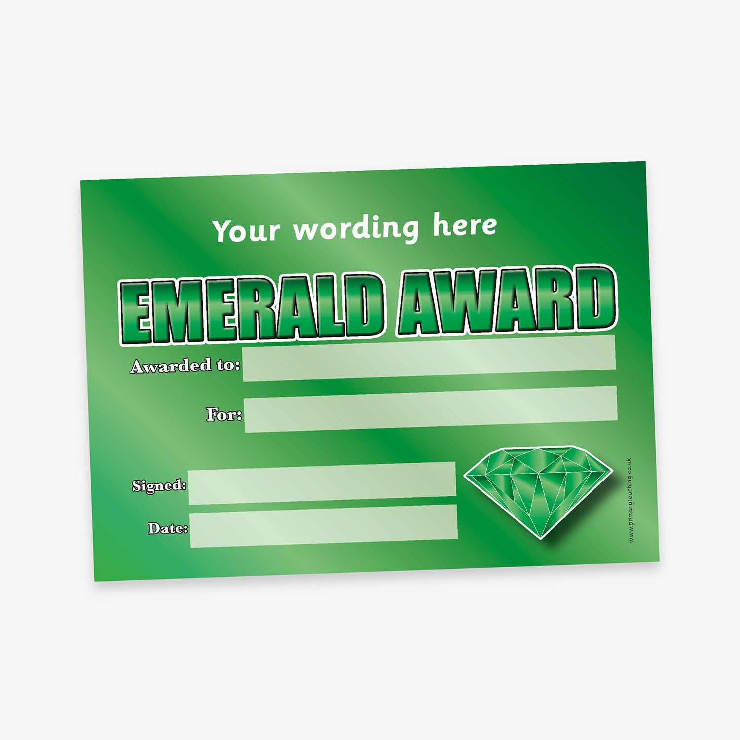 Green-themed 'Emerald Award' certificate with a metallic gradient background, bold green title text, and an illustrated emerald gem in the bottom right corner. Includes blank fields for recipient name, reason, signature, date, and space for custom wording at the top.