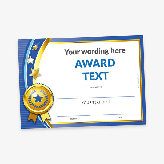 A formal blue and gold award certificate with a clean, modern design. The top displays placeholder text 'Your wording here' and 'AWARD TEXT' in bold blue letters. The certificate includes sections for 'Presented to:', 'Your text here', 'Signed', and 'Date'. On the left side, there is a gold rosette with blue stars and laurel detailing, next to a curved gold and blue ribbon design with star accents.