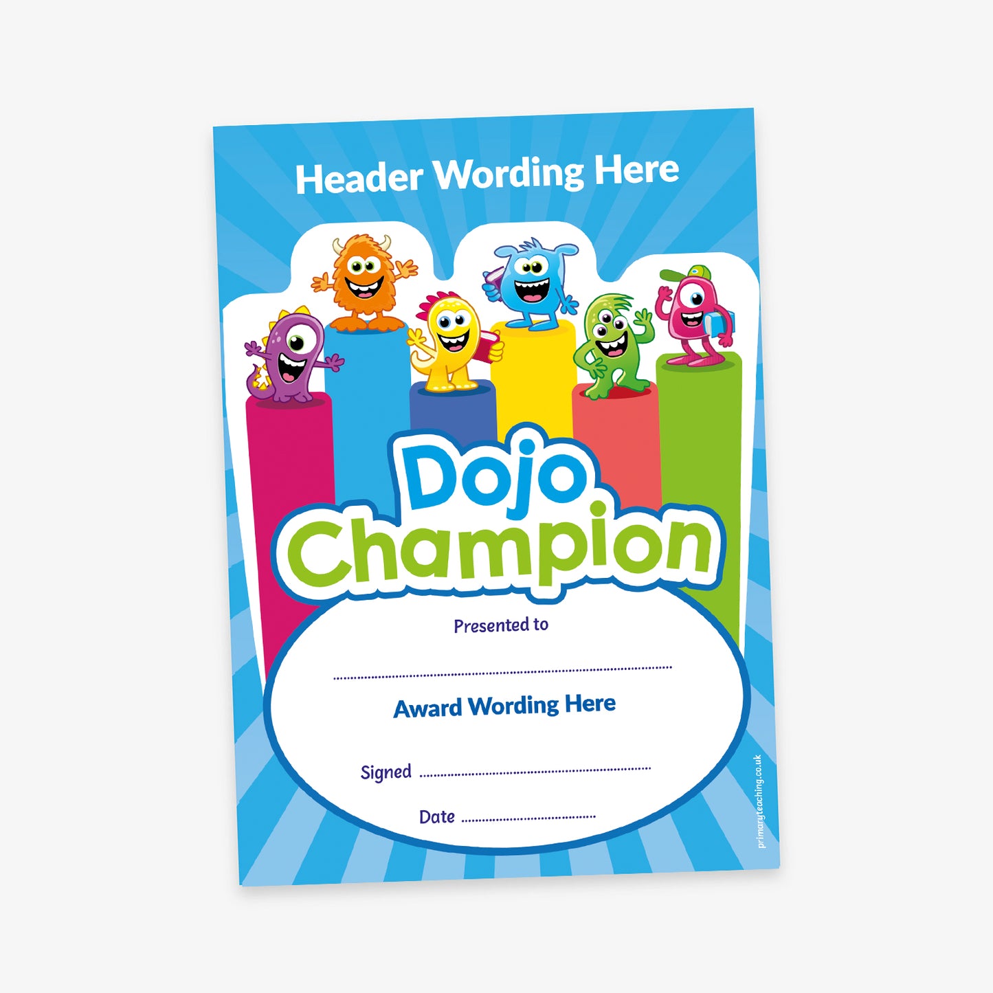 Brightly coloured 'Dojo Champion' certificate featuring six cartoon monster characters standing on podium-style blocks, with a blue background and rays radiating from the centre. Includes customisable fields for header text, recipient name, award wording, signature, and date.