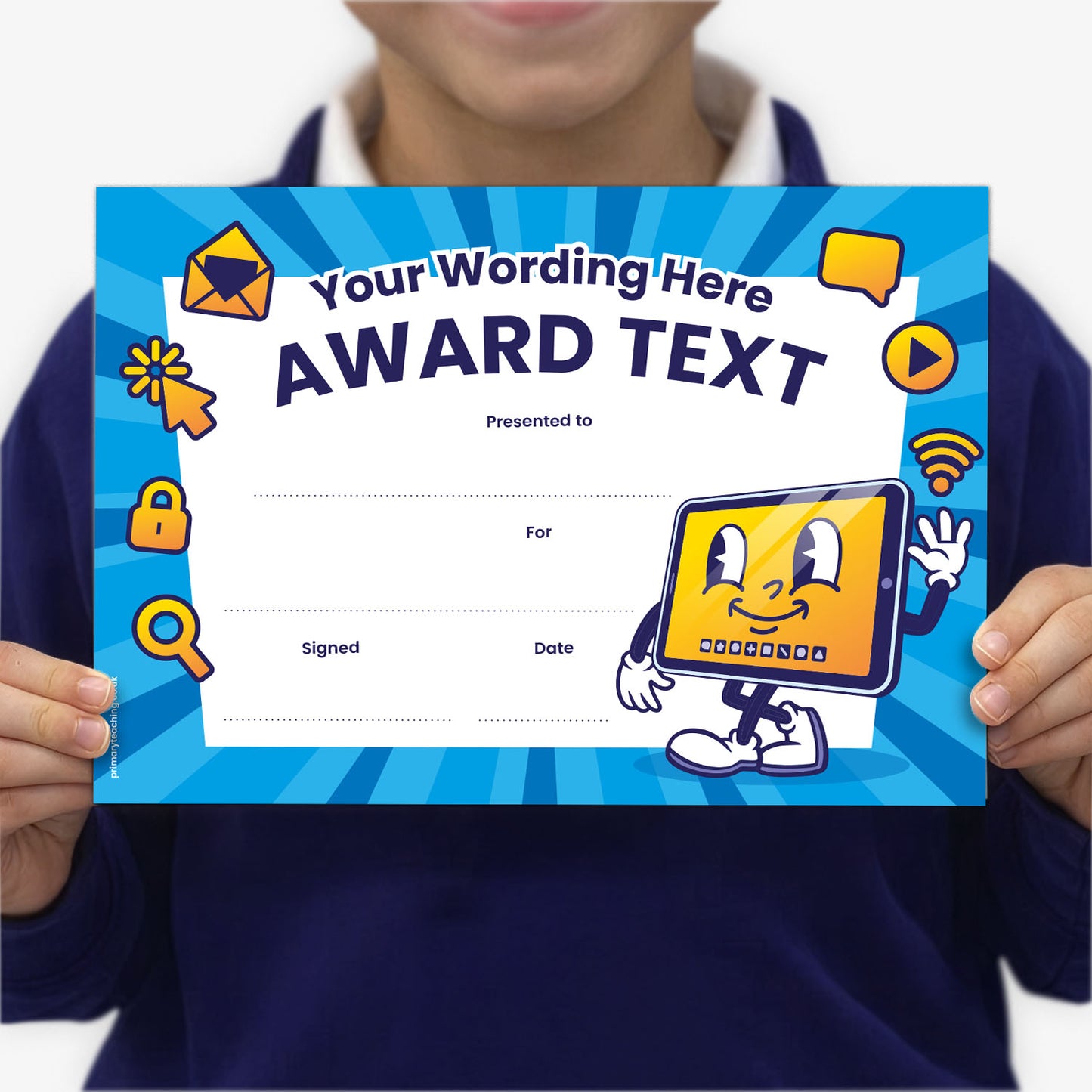Blue certificate with 'Your Wording Here' 'Award text', with image of anthropomorphic tablet with a smiley face, held by a child