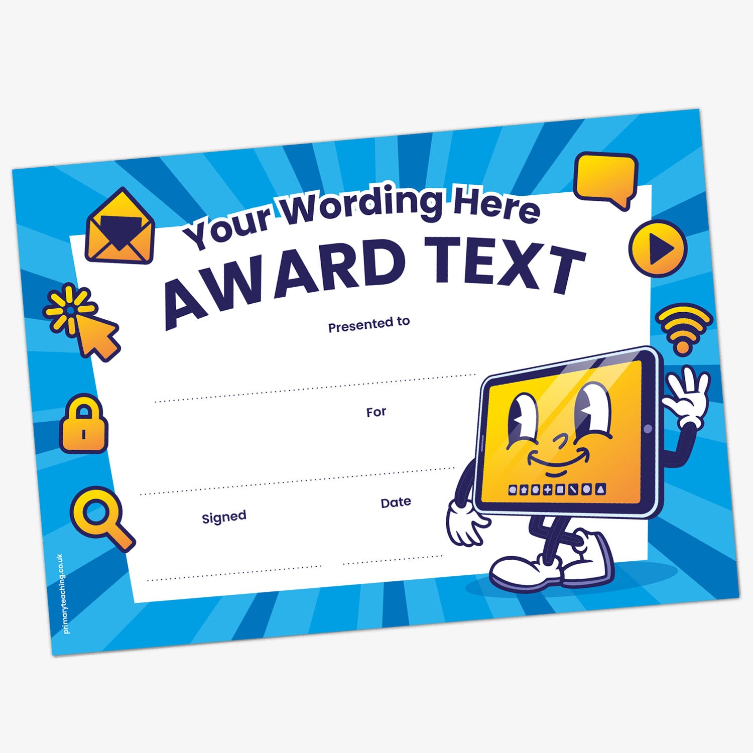 Blue certificate with 'Your Wording Here' 'Award text', with image of anthropomorphic tablet with a smiley face