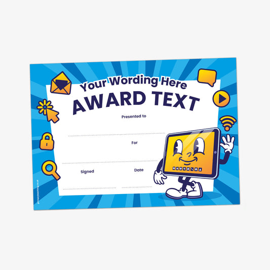 Blue certificate with 'Your Wording Here' 'Award text', with image of anthropomorphic tablet with a smiley face