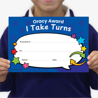 Personalised certificate with a blue star-themed background, a large white speech-bubble area for award details, and a circular arrows icon representing turn-taking. Includes spaces for recipient name, reason, signature, and date. Suitable for recognising speaking, listening, and turn-taking skills.