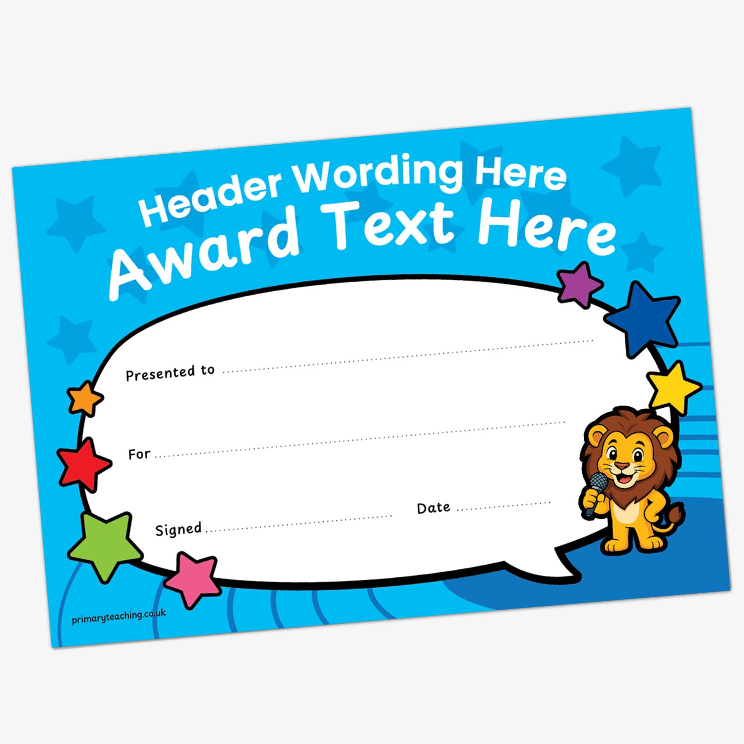 Personalised award certificate with a blue star-themed background, a large white speech-bubble area for award details, and a cartoon lion holding a microphone. Includes spaces for recipient name, reason, signature, and date. Suitable for classroom rewards and achievements.