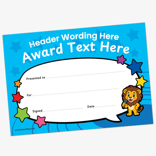 Personalised award certificate with a blue star-themed background, a large white speech-bubble area for award details, and a cartoon lion holding a microphone. Includes spaces for recipient name, reason, signature, and date. Suitable for classroom rewards and achievements.