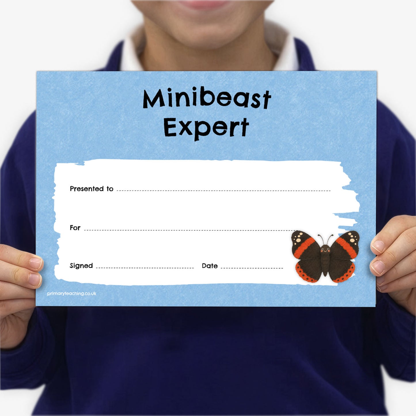 A person holding a light blue 'Minibeast Expert' certificate card with a white writing area and a butterfly illustration, shown against a plain white background.
