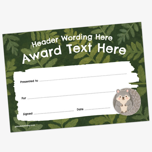 A forest-themed award certificate featuring a dark green background with leaf patterns, white placeholder text, and a small squirrel illustration on the bottom right.