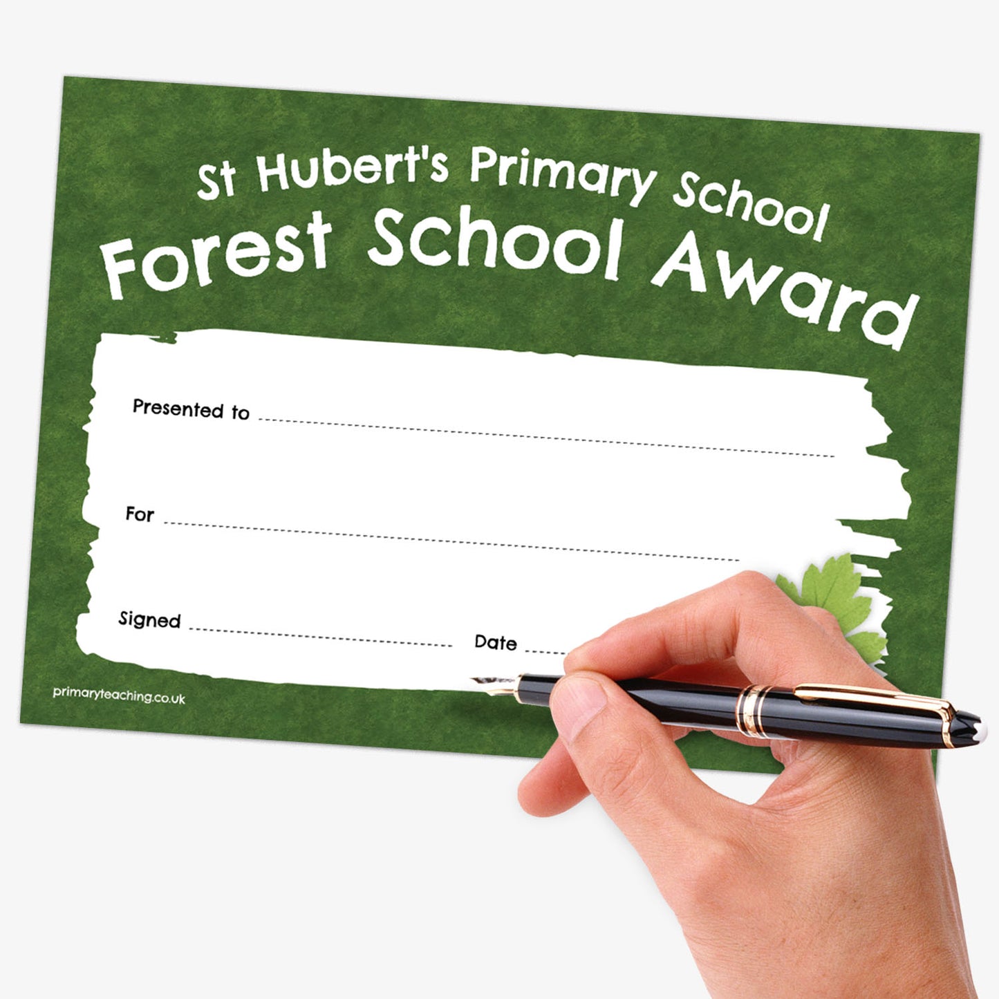 A forest school award certificate from St Hubert's Primary School with a hand holding a black and gold pen over the blank writing area, set against a clean white background.