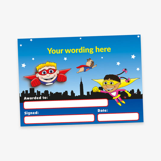 Personalised superhero-themed certificate featuring cartoon superheroes flying above a city skyline at night, with space for custom text and award details