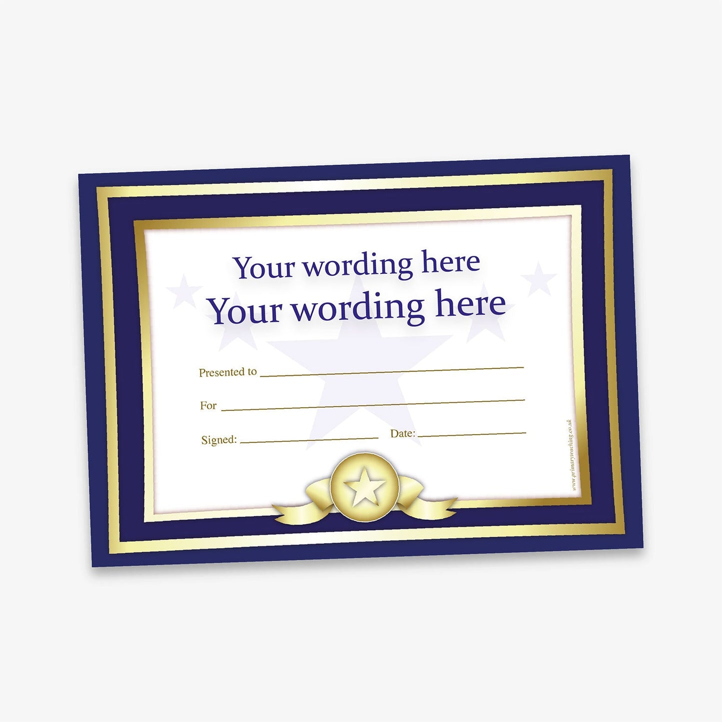 Black-bordered certificate with star ribbon design, featuring placeholder text for custom wording, recipient, reason, signature, and date.