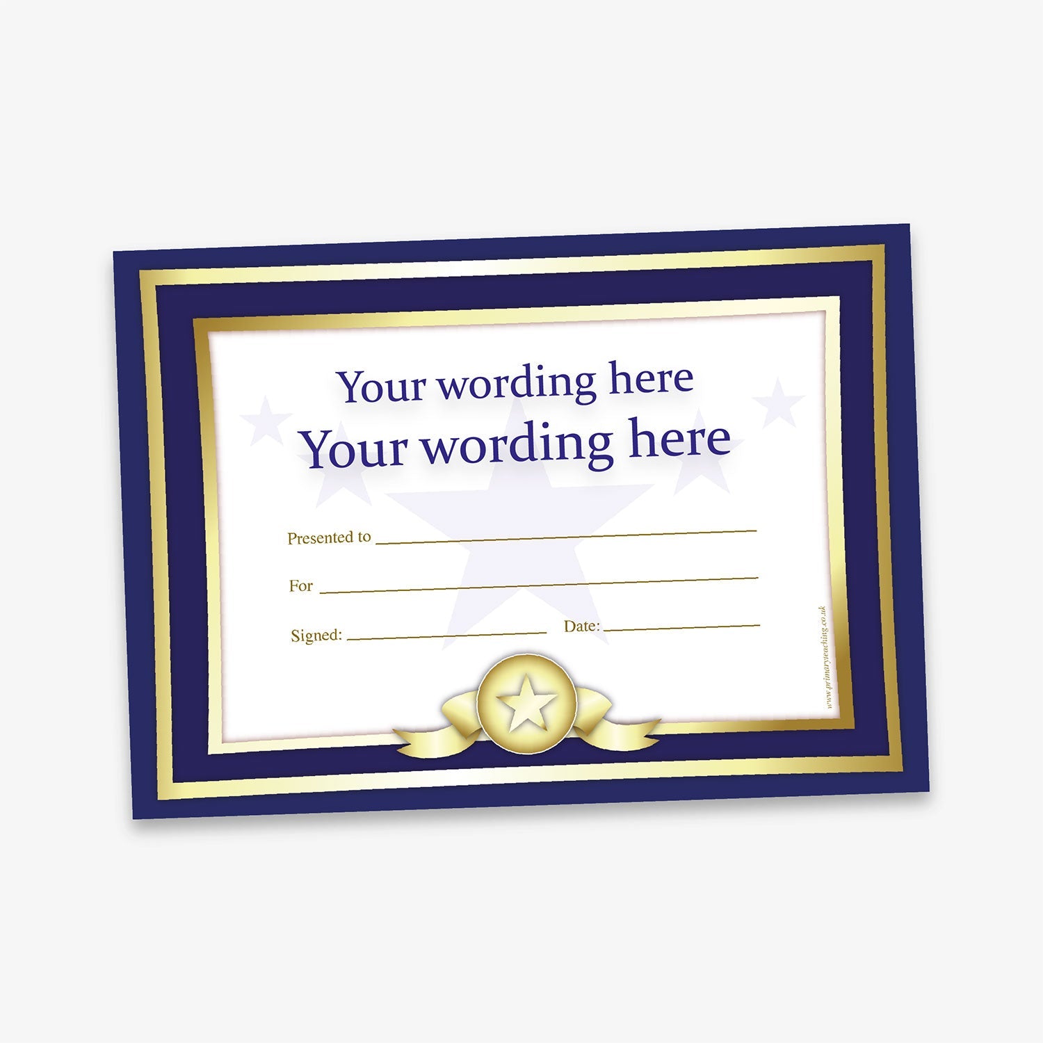 Black-bordered certificate with star ribbon design, featuring placeholder text for custom wording, recipient, reason, signature, and date.