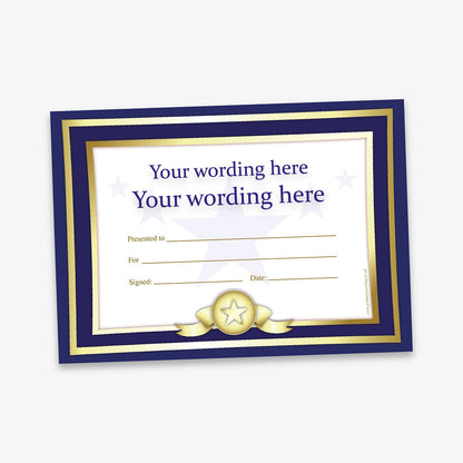 Black-bordered certificate with star ribbon design, featuring placeholder text for custom wording, recipient, reason, signature, and date.