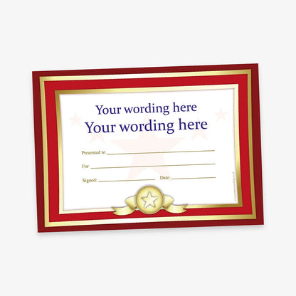 Red-bordered certificate with star ribbon design, featuring placeholder text for custom wording, recipient, reason, signature, and date.