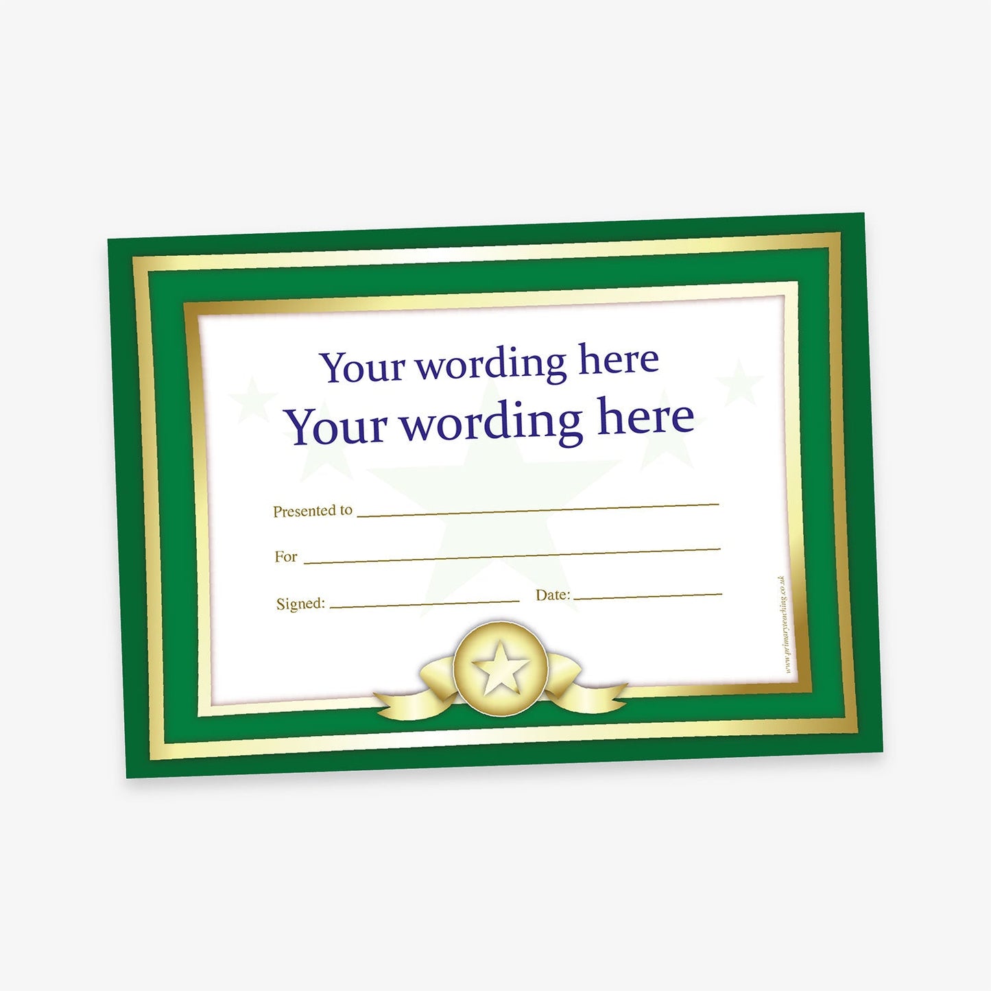 Green-bordered certificate with star ribbon design, featuring placeholder text for custom wording, recipient, reason, signature, and date.