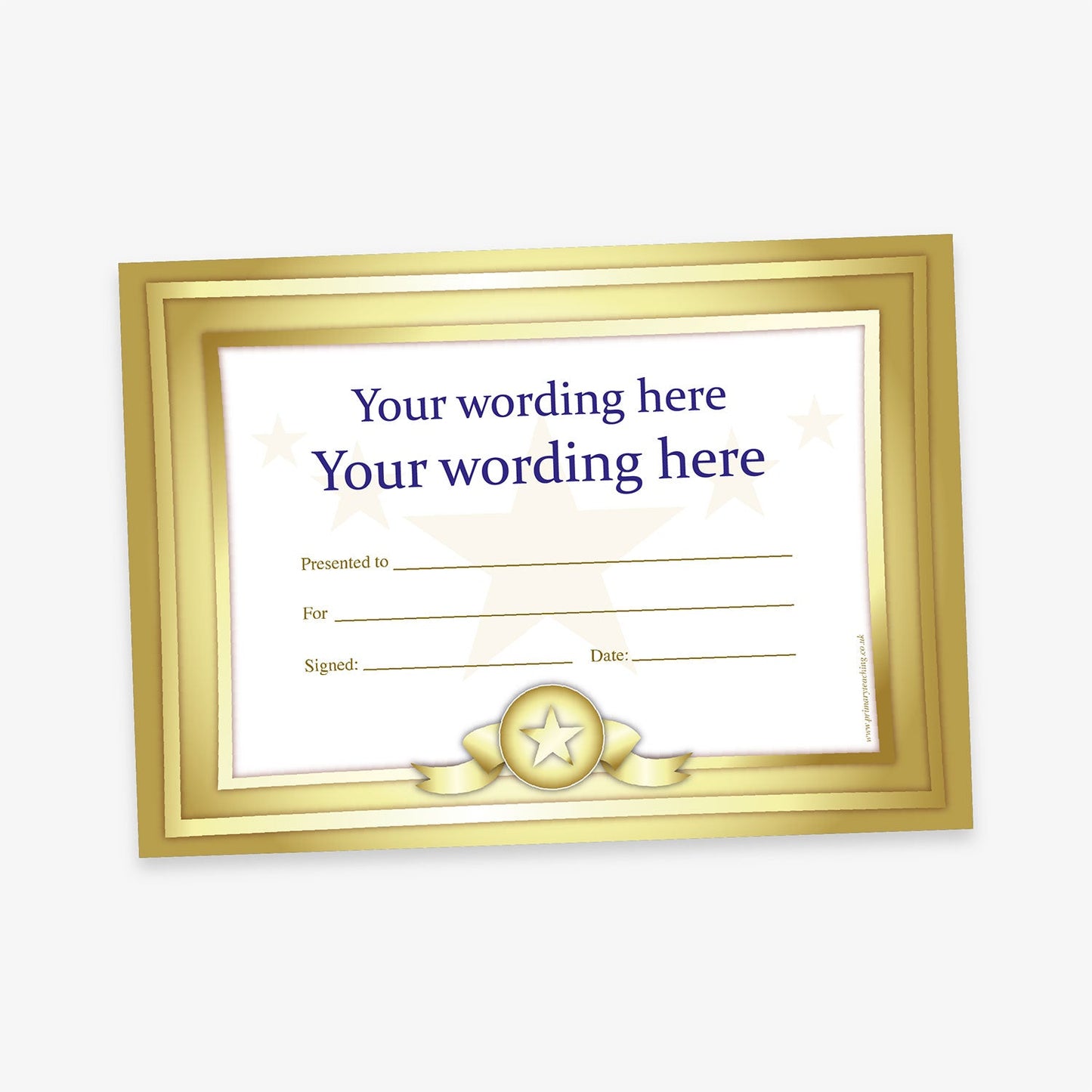 Gold-bordered certificate with star ribbon design, featuring placeholder text for custom wording, recipient, reason, signature, and date.