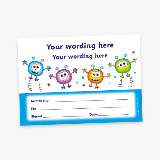 A5 personalised certificate featuring 4 colourful aliens (blue, purple, orange and green) jumping central to the certificate against a white background with two top areas for personalisation indicated by 2 lines of 'Your wording here'.  The bottom third of the certificate is cyan background with a white area displaying 'Awarded to', 'For', 'Signed' and 'Date'.