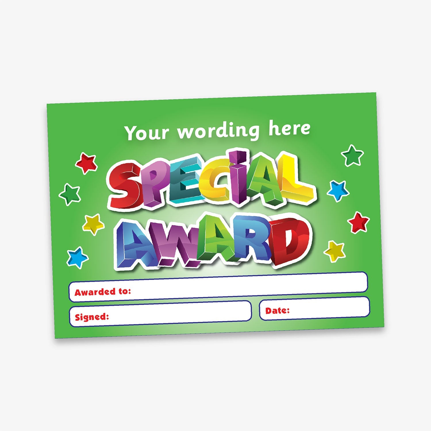 A5-sized personalised 'Special Award' certificate featuring a vibrant blue background with multicoloured 3D-style lettering, surrounded by colourful stars; includes customisable text areas for recipient's name, signature, and date—ideal for recognising pupil achievements